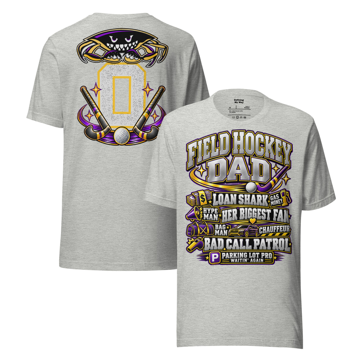 Field Hockey Dad tee in athletic heather, front and back view with personalized jersey number