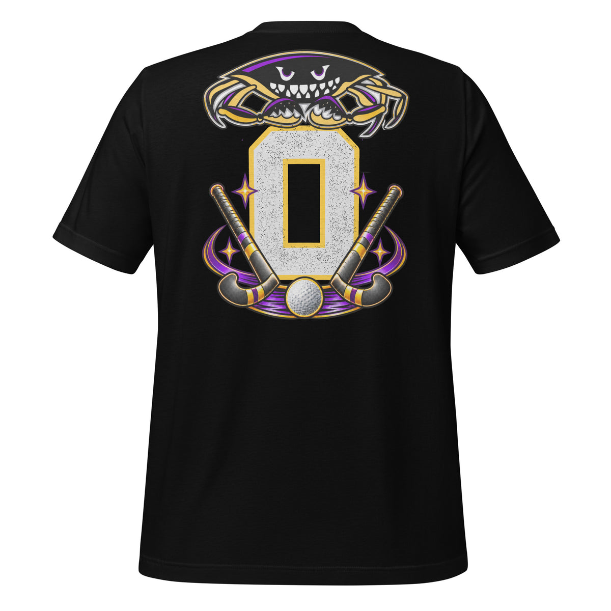 Field Hockey Dad tee in black, back view: crab emblem, crossed field hockey sticks and personalized jersey number