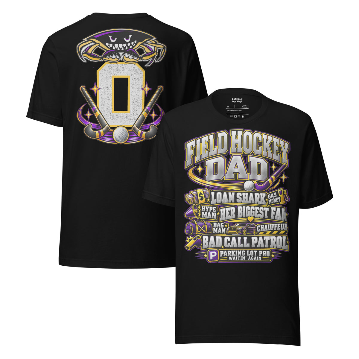 Field Hockey Dad tee in black, front and back view with personalized jersey number