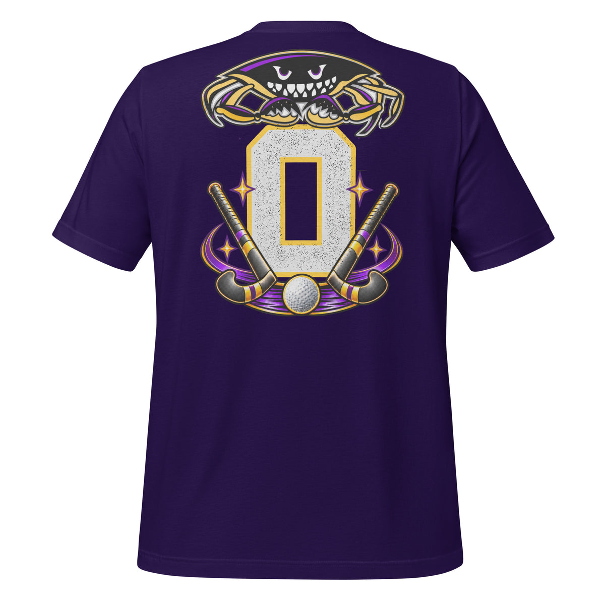 Field Hockey Dad tee in team purple, back view: crab emblem, crossed field hockey sticks and personalized jersey number