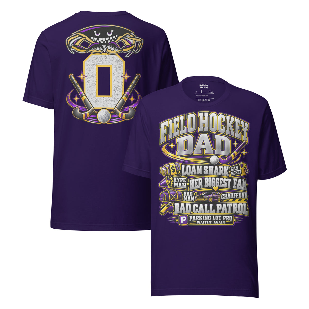 Field Hockey Dad tee in team purple, front and back view with personalized jersey number