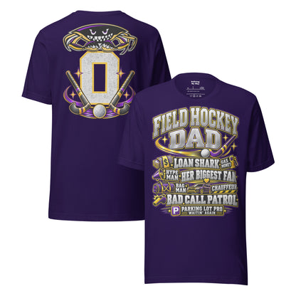 Field Hockey Dad tee in team purple, front and back view with personalized jersey number