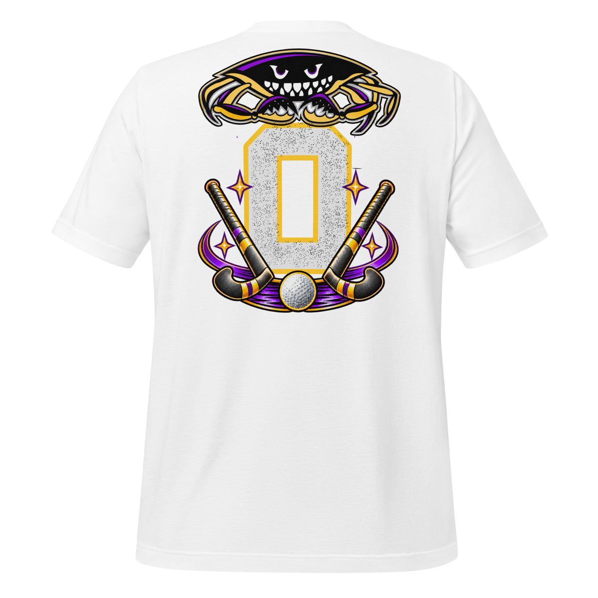 Field Hockey Dad tee in white, back view: crab emblem, crossed field hockey sticks and personalized jersey number