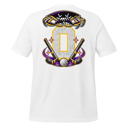 Field Hockey Dad tee in white, back view: crab emblem, crossed field hockey sticks and personalized jersey number