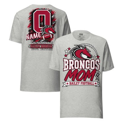 Team Mom tee in athletic heather, front and back view: Broncos Mom, Bailey Football