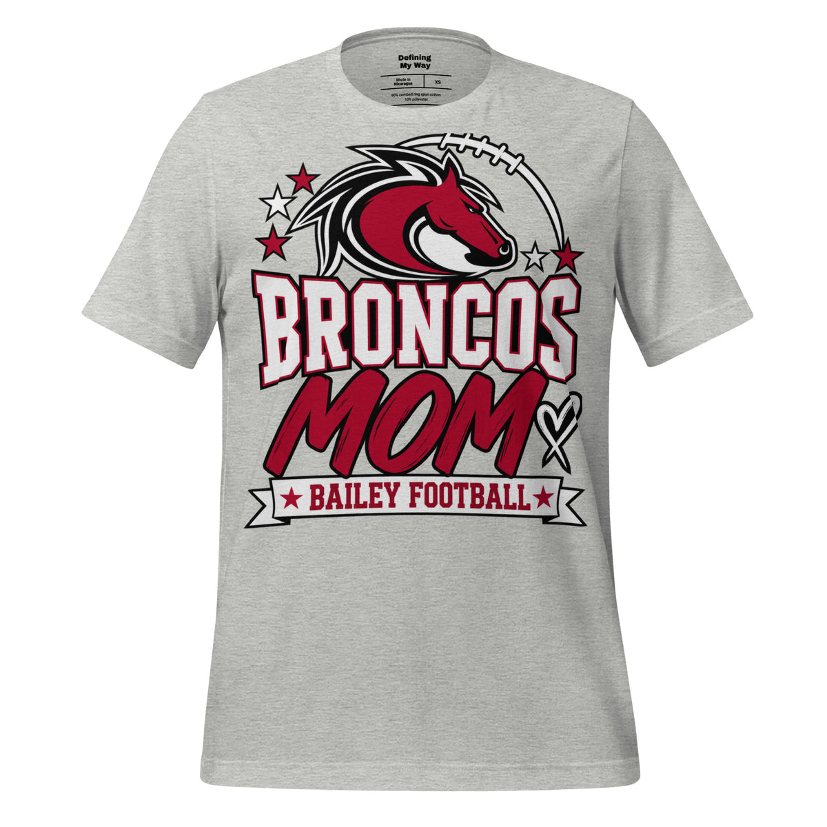 Team Mom tee in athletic heather, front view: Broncos Mom, Bailey Football