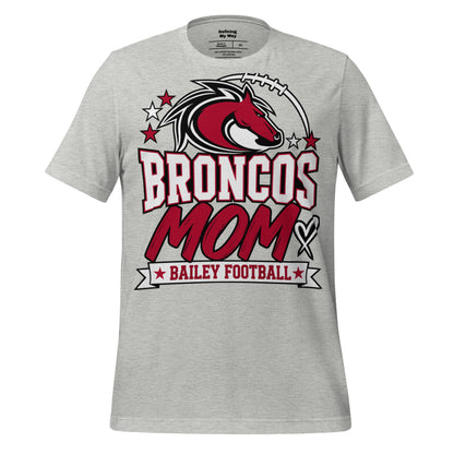 Team Mom tee in athletic heather, front view: Broncos Mom, Bailey Football
