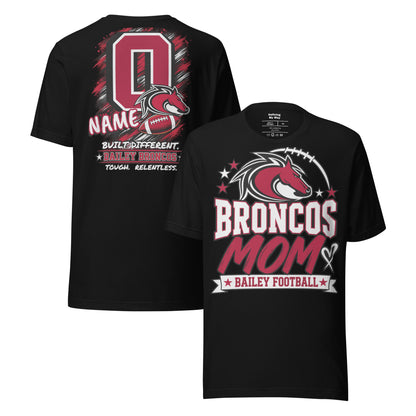 Team Mom tee in black, front and back view: Broncos Mom, Bailey Football