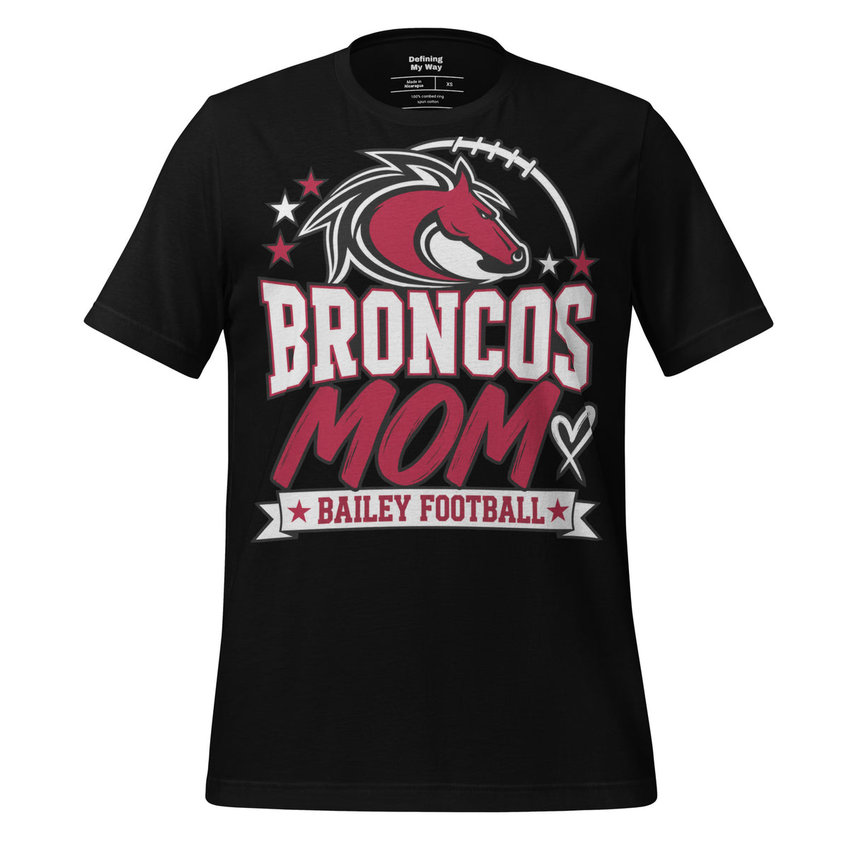 Team Mom tee in black, front view: Broncos Mom, Bailey Football