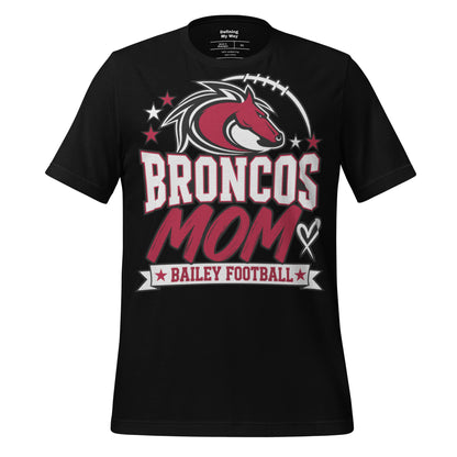 Team Mom tee in black, front view: Broncos Mom, Bailey Football