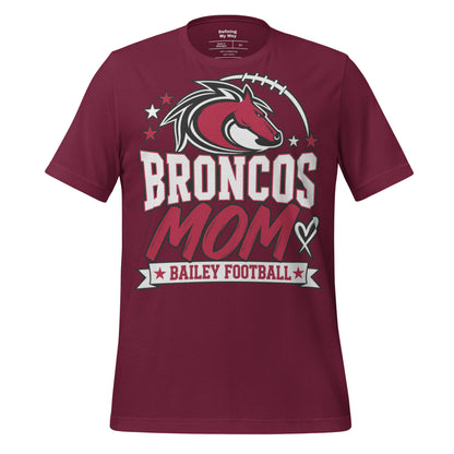 Team Mom tee in maroon, front view: Broncos Mom, Bailey Football