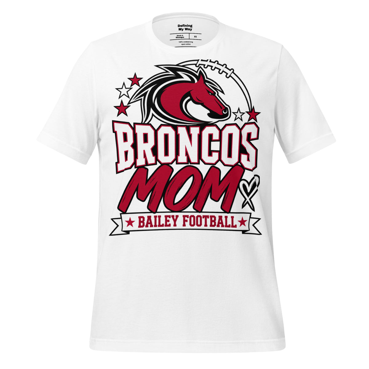 Team Mom tee in white, front view: Broncos Mom, Bailey Football