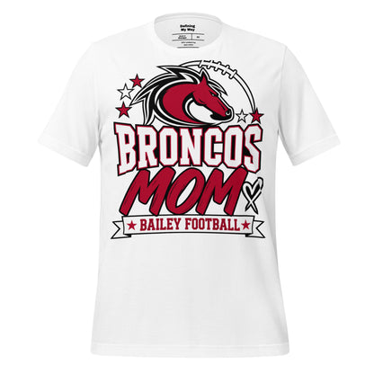 Team Mom tee in white, front view: Broncos Mom, Bailey Football