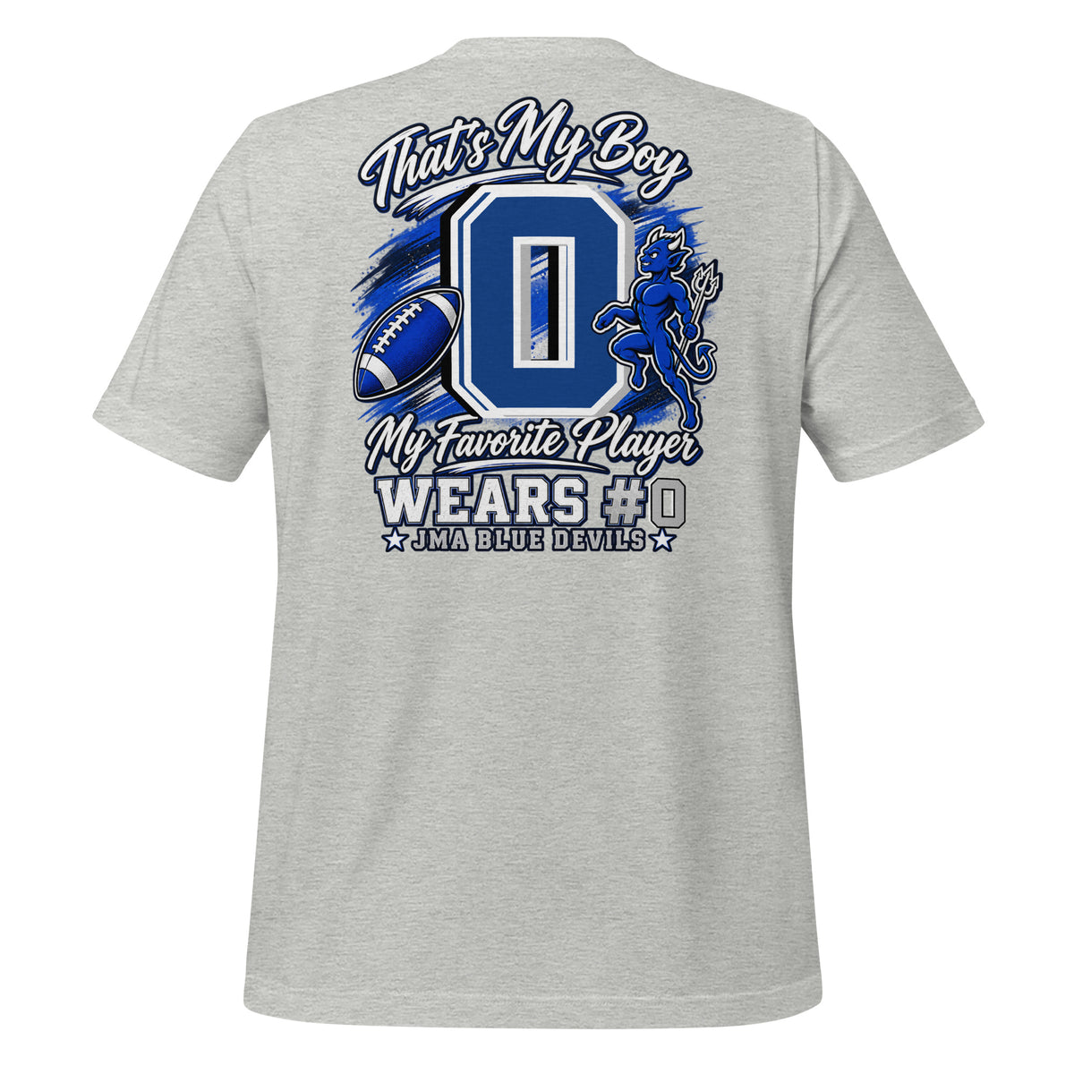 Team Mom tee in athletic heather, back view: That's My Boy with personalized jersey number