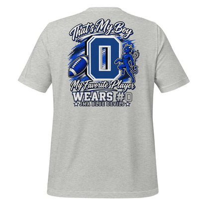 Team Mom tee in athletic heather, back view: That's My Boy with personalized jersey number