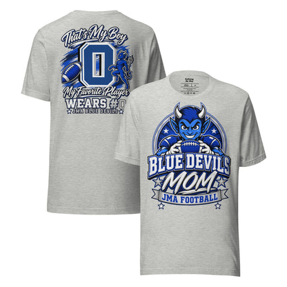 Team Mom tee in athletic heather, front and back view: Blue Devils Mom, JMA Football
