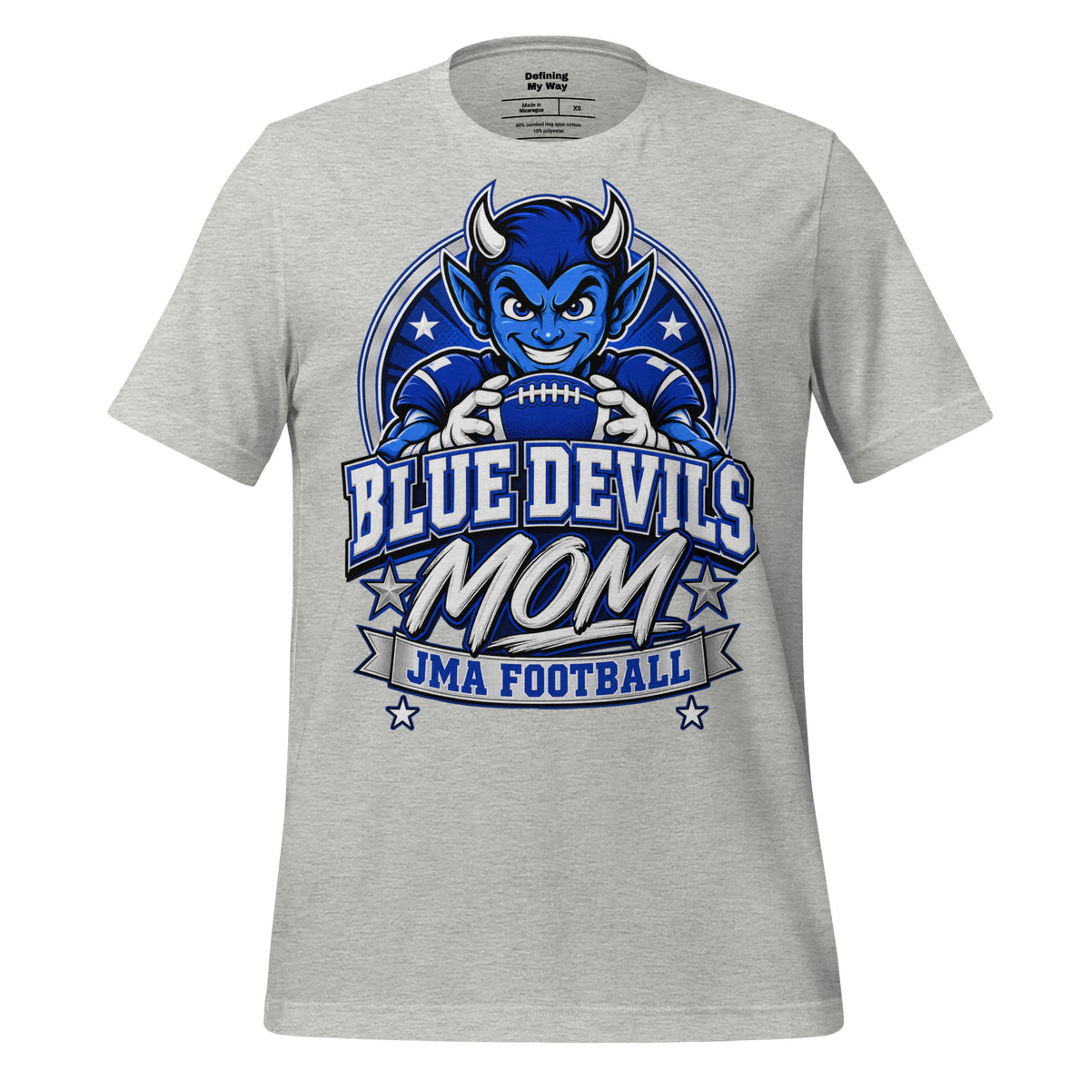 Team Mom tee in athletic heather, front view: Blue Devils Mom, JMA Football
