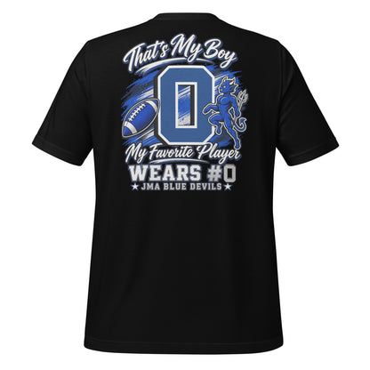 Team Mom tee in black, back view: That's My Boy with personalized jersey number
