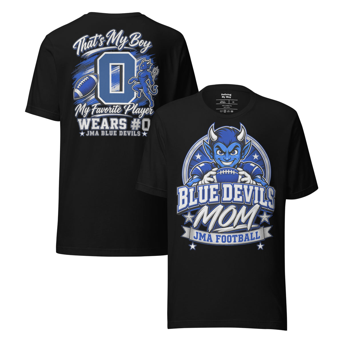 Team Mom tee in black, front and back view: Blue Devils Mom, JMA Football