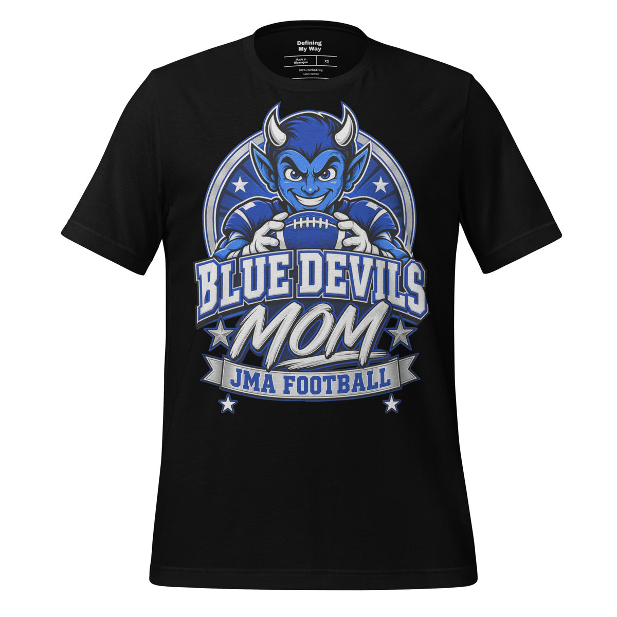 Team Mom tee in black, front view: Blue Devils Mom, JMA Football
