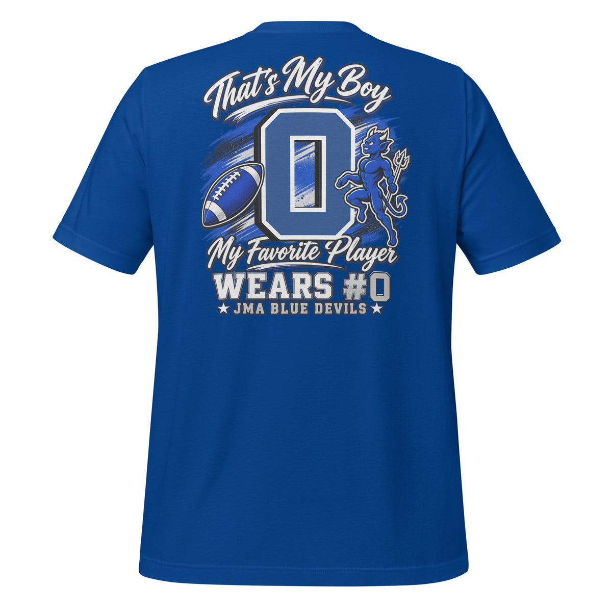 Team Mom tee in true royal, back view: That's My Boy with personalized jersey number