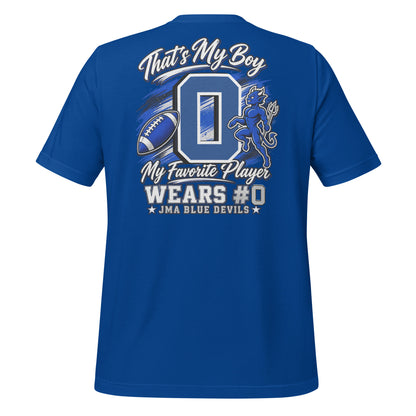 Team Mom tee in true royal, back view: That's My Boy with personalized jersey number