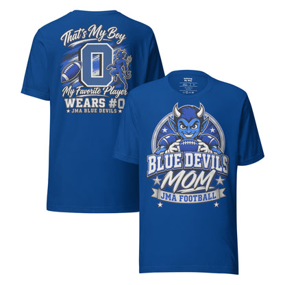 Team Mom tee in true royal, front and back view: Blue Devils Mom, JMA Football