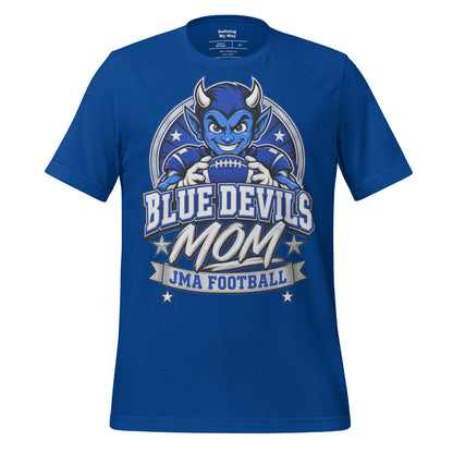 Team Mom tee in true royal, front view: Blue Devils Mom, JMA Football