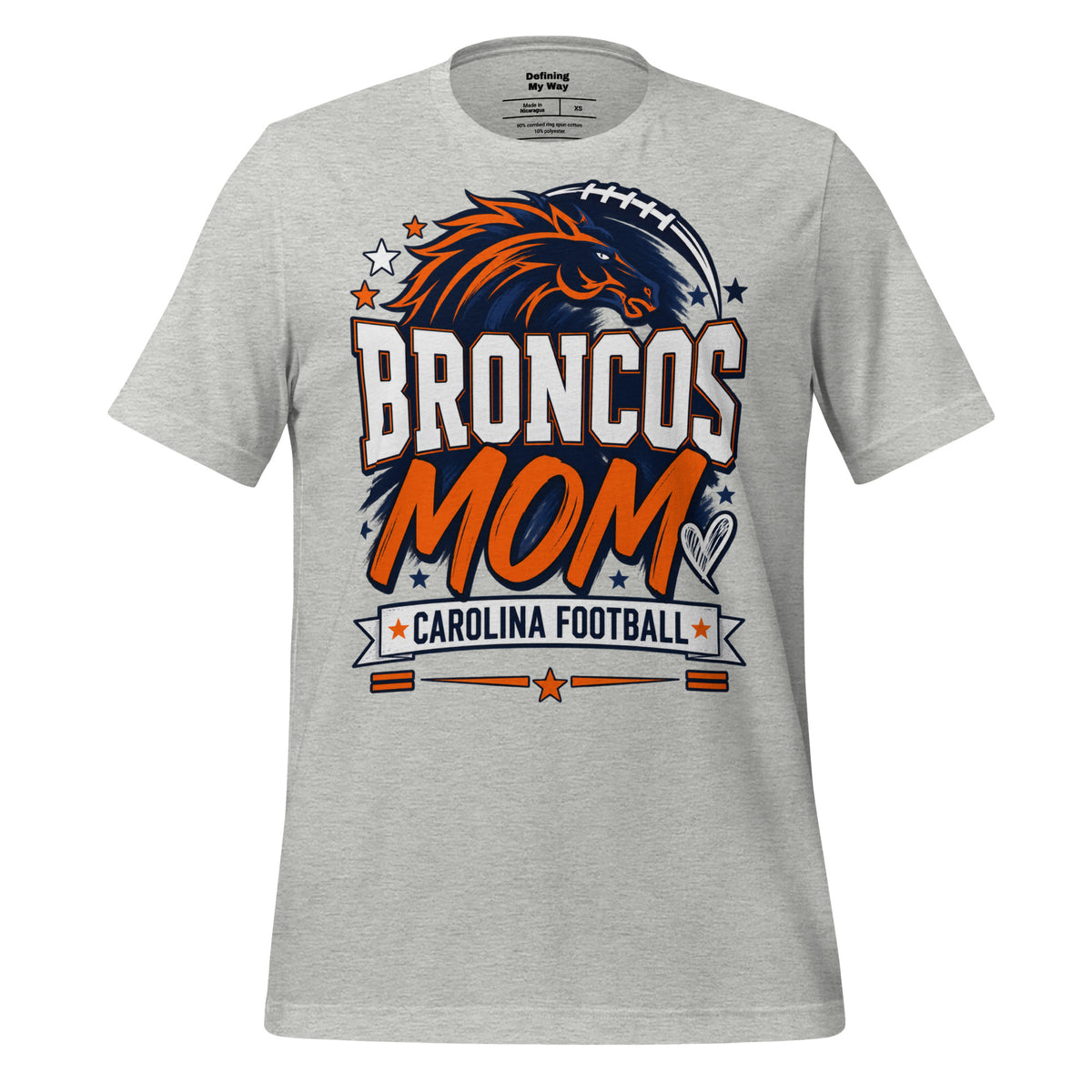 Team Mom tee in athletic heather, front view: Broncos Mom, Carolina Football