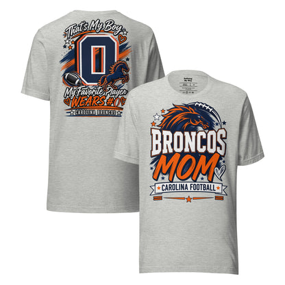 Team Mom tee in athletic heather, front and back view: Broncos Mom, Carolina Football