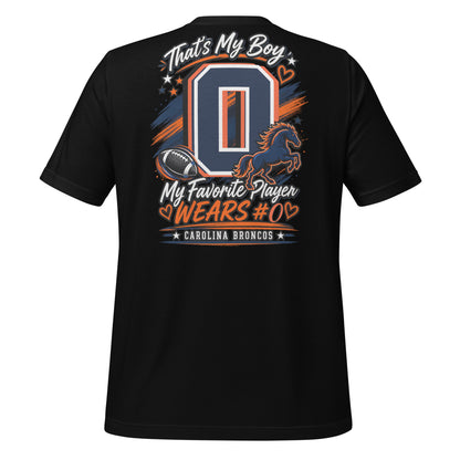 Team Mom tee in black, back view: That's My Boy with personalized jersey number