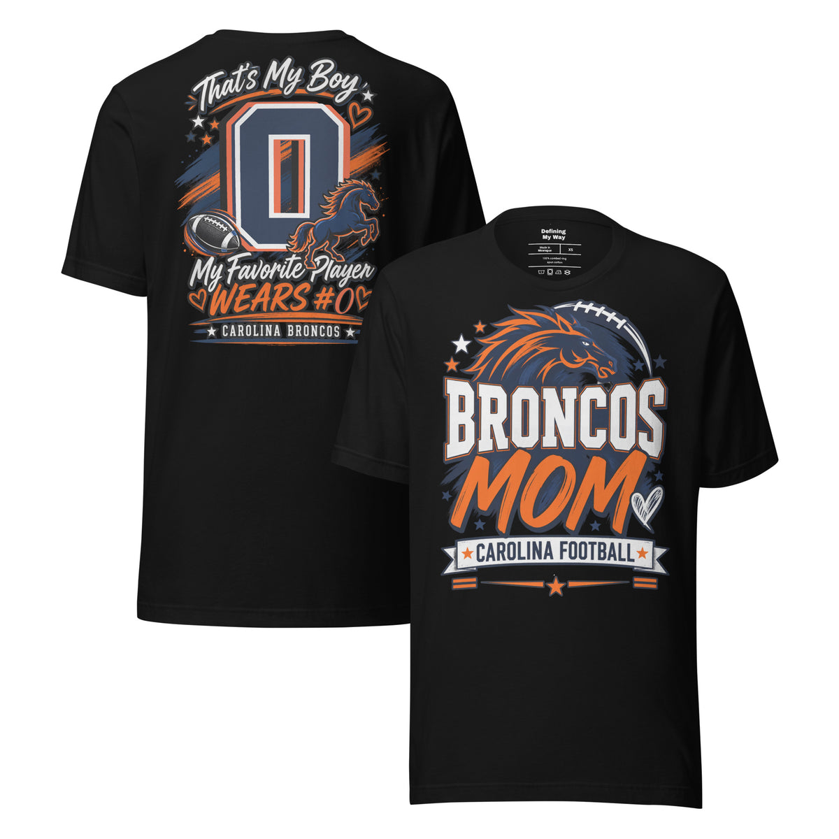 Team Mom tee in black, front and back view: Broncos Mom, Carolina Football