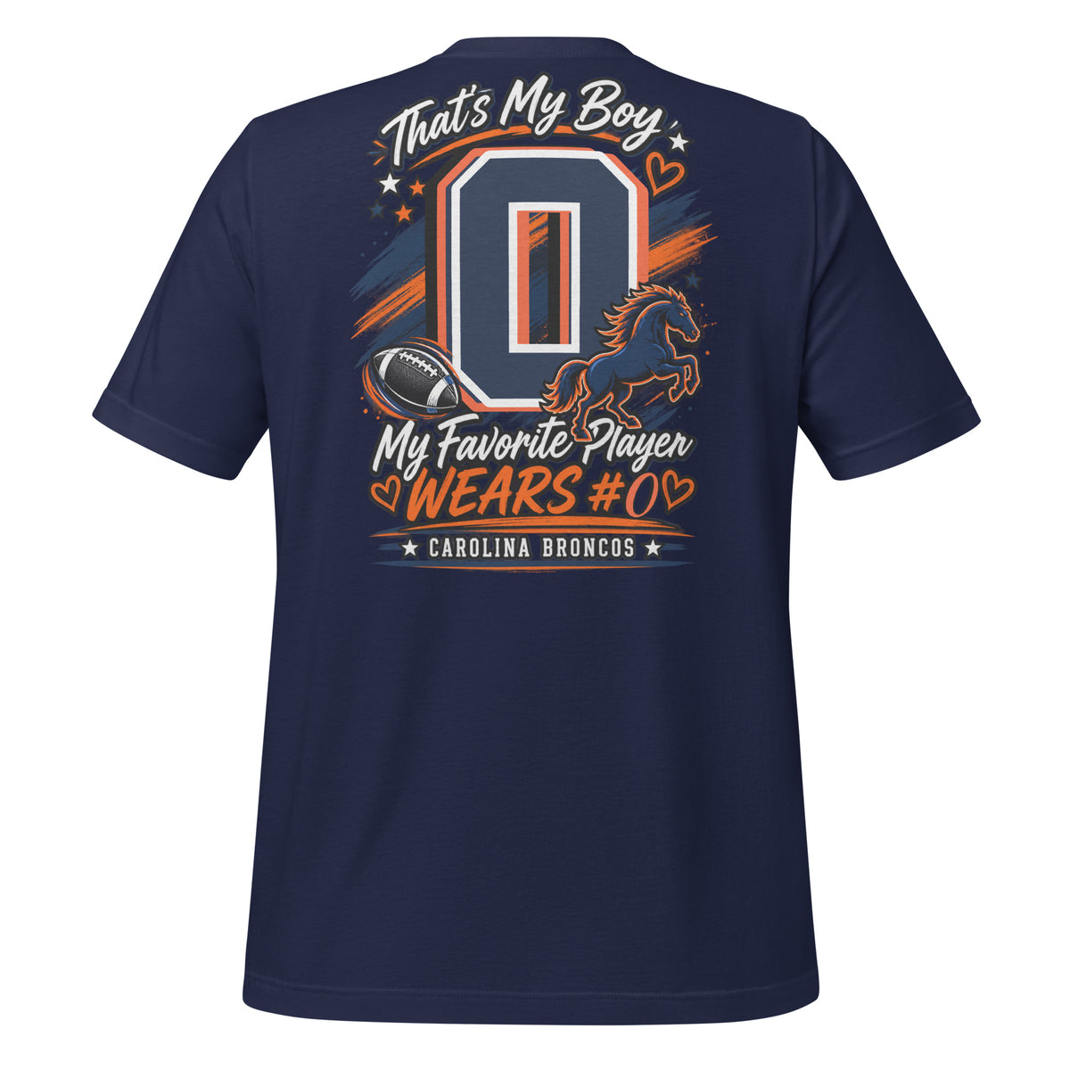 Team Mom tee in navy, back view: That's My Boy with personalized jersey number