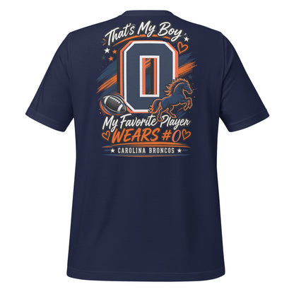 Team Mom tee in navy, back view: That's My Boy with personalized jersey number