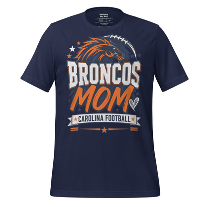 Team Mom tee in navy, front view: Broncos Mom, Carolina Football