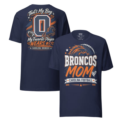 Team Mom tee in navy, front and back view: Broncos Mom, Carolina Football