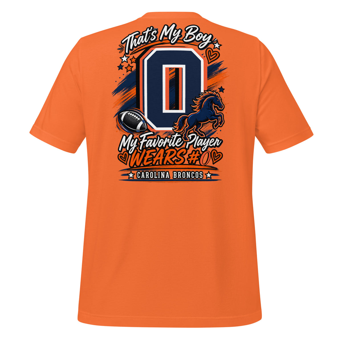 Team Mom tee in orange, back view: That's My Boy with personalized jersey number