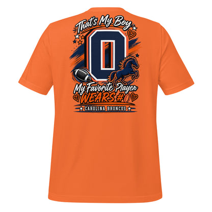 Team Mom tee in orange, back view: That's My Boy with personalized jersey number