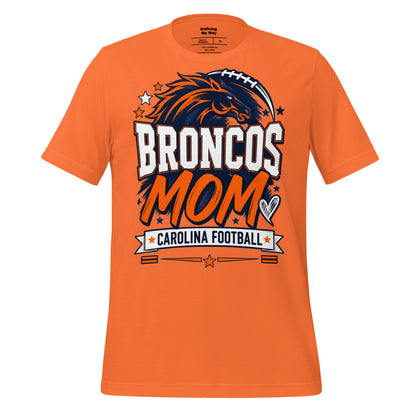 Team Mom tee in orange, front view: Broncos Mom, Carolina Football