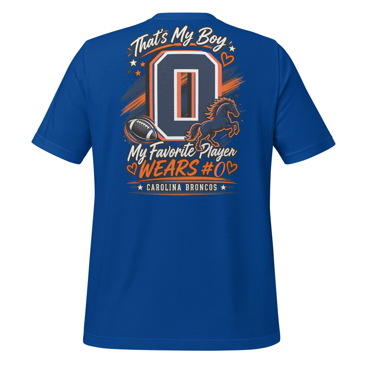 Team Mom tee in true royal, back view: That's My Boy with personalized jersey number