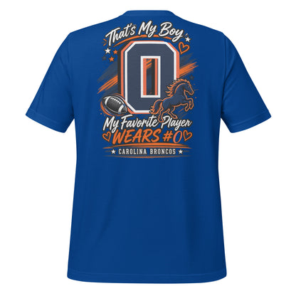 Team Mom tee in true royal, back view: That's My Boy with personalized jersey number