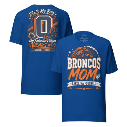 Team Mom tee in true royal, front and back view: Broncos Mom, Carolina Football
