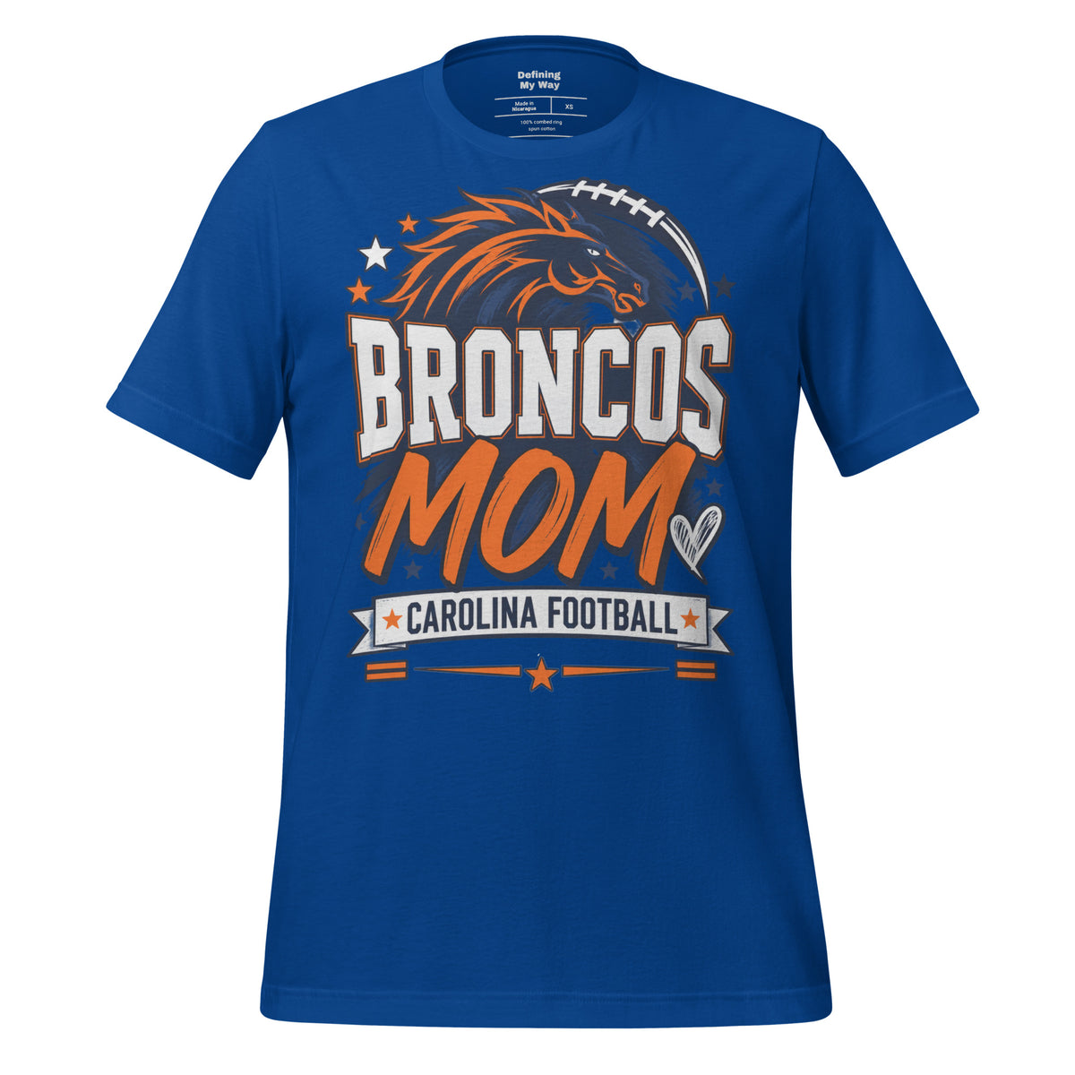 Team Mom tee in true royal, front view: Broncos Mom, Carolina Football
