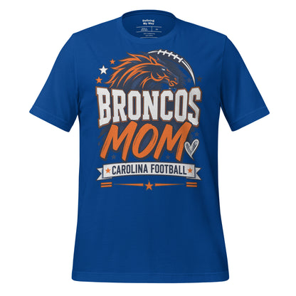 Team Mom tee in true royal, front view: Broncos Mom, Carolina Football