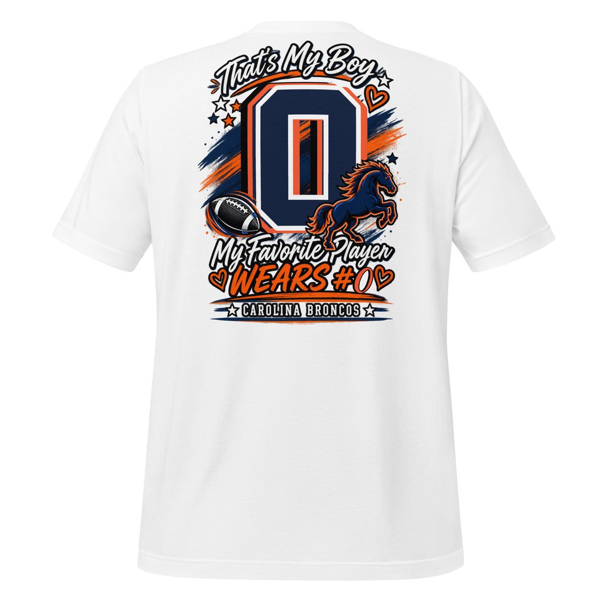 Team Mom tee in white, back view: That's My Boy with personalized jersey number
