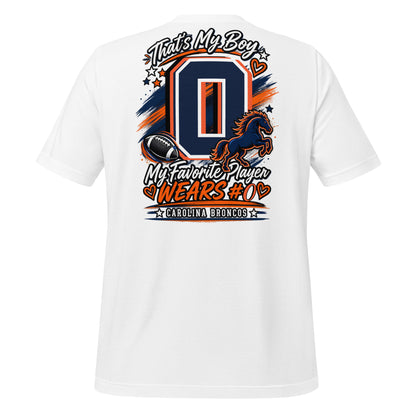 Team Mom tee in white, back view: That's My Boy with personalized jersey number