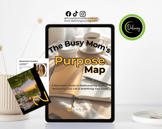 Digital workbook titled 'The Busy Mom's Purpose Map' on a tablet with related materials and a cozy workspace.