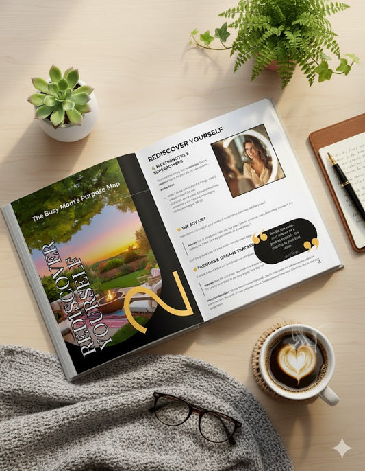 Open ebook flat lay of "The Busy Mom's Purpose Map" next to a journal and pen, representing a busy mom creating her purpose map and engaging in self-care.