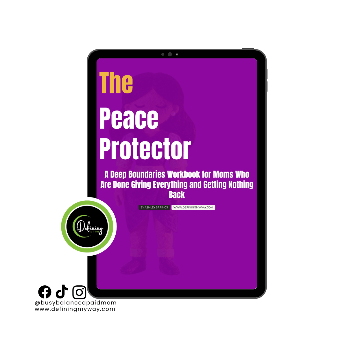 eBook cover titled 'The Peace Protector' on a tablet screen with branding elements.