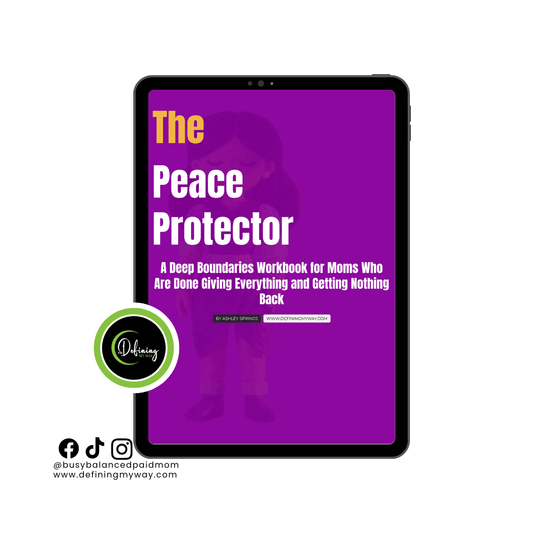 eBook cover titled 'The Peace Protector' on a tablet screen with branding elements.